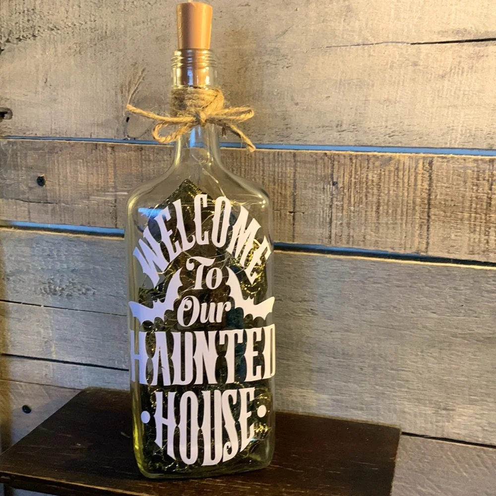 Hand Crafted- ‘Welcome to our Haunted House’ Wine Bottle lantern